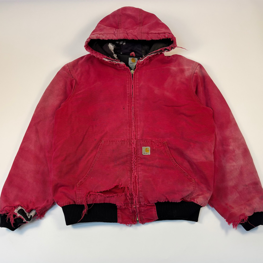 Distressed Red Hooded Carhartt Jacket Large