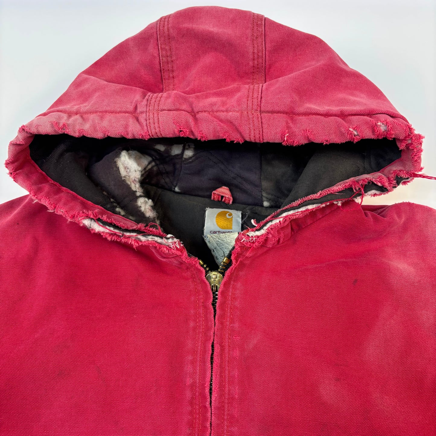 Distressed Red Hooded Carhartt Jacket Large